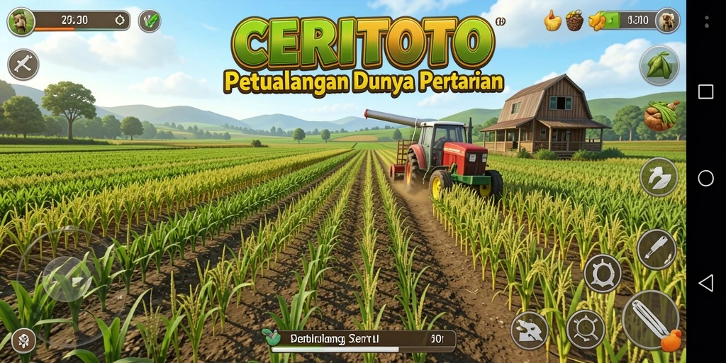 Tampilan gameplay CERITOTO dengan pertanian yang subur dan interaksi penuh warna.